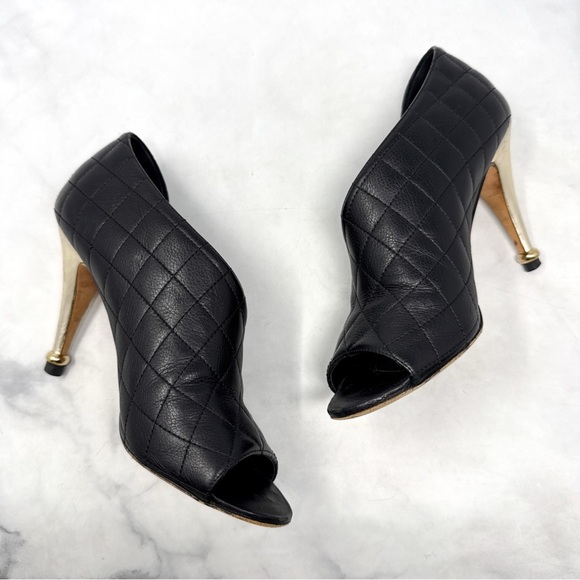 CHANEL Quilted Leather Open Toe D'orsay Side Cut Out Ankle Bootie Heels Black 37 - Picture 6 of 16